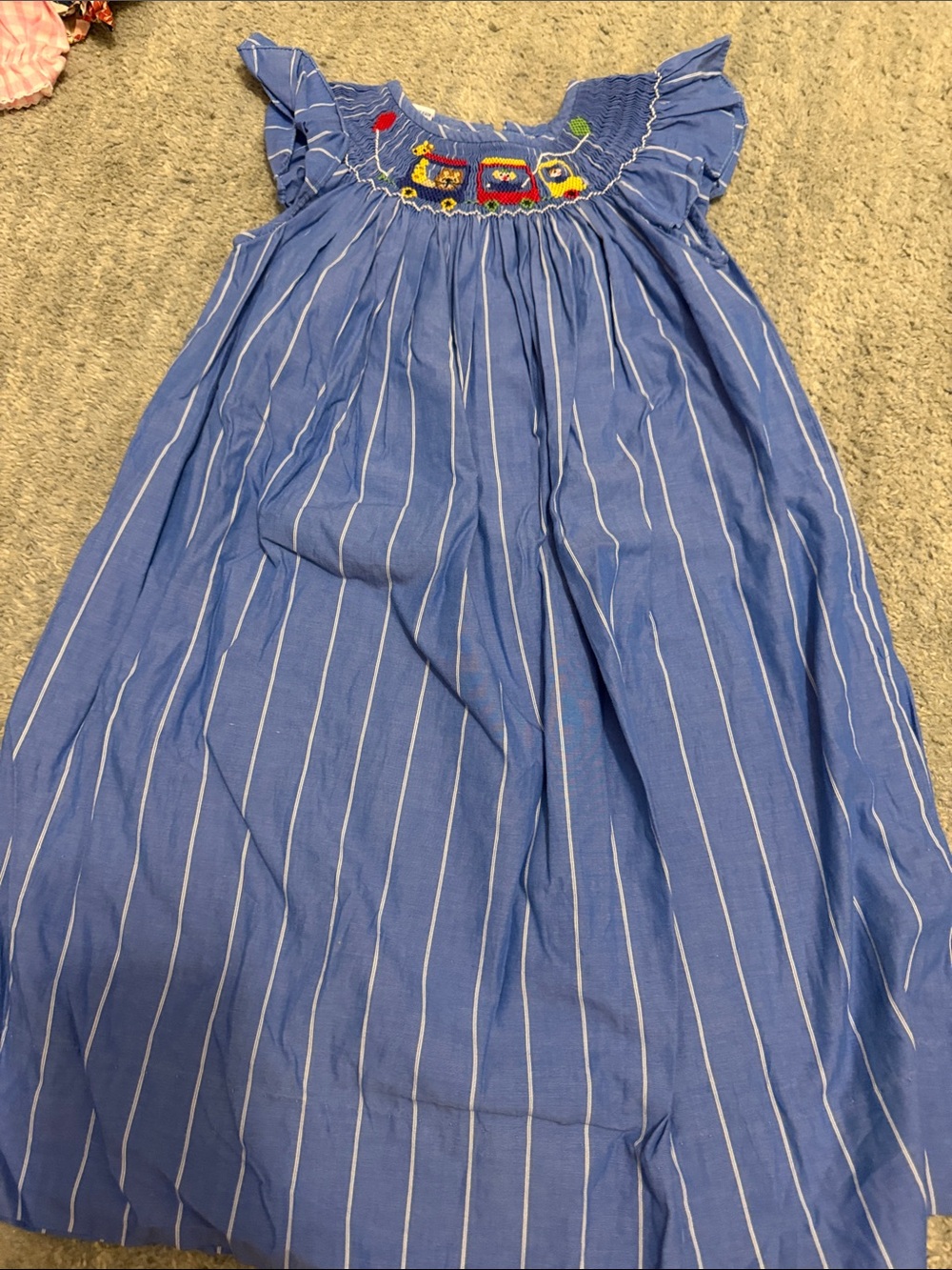 Anavini Blue Striped Smocked Kids Dress with Vehicle Embroidery